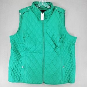 New‎ Talbots Down Puffer Vest 2X Green Plus Preppy Quilted Fleece Lined